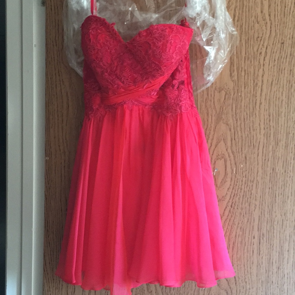 Short, strapless watermelon colored dress!